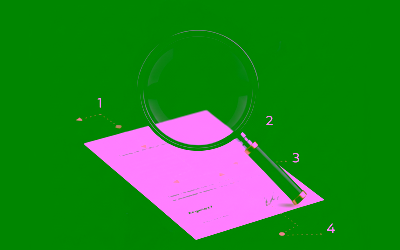 Lupa examinando un documento con flechas de pasos, sobre el mapa de Argentina, simbolizando una guía para denunciar un delito